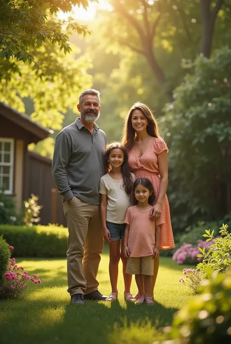 man with short beard, woman and daughters in backyard with trees 