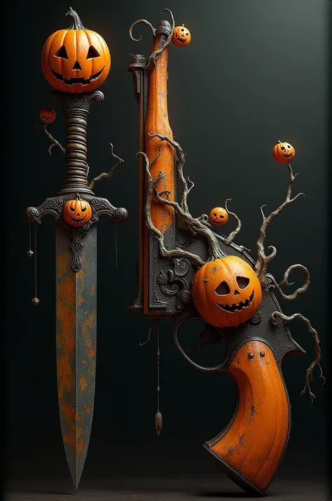 Draw a knife and gun in the form of an evil pumpkin, the knife must be expelled with a sacrificial dagger, with a pumpkin vine blade, The handle should have sinister smiling pumpkins on it.
The pistol should be curved and resemble 18th century pistols., it...