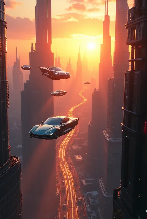 a futuristic city with flying cars at sunset