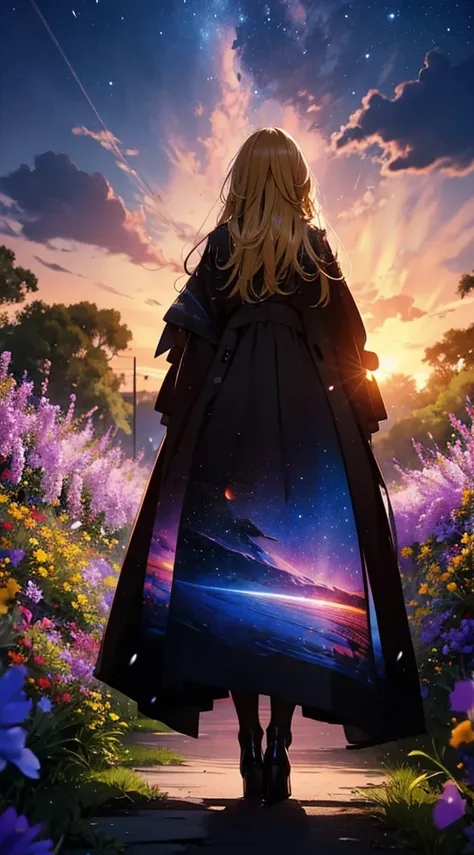 １people々々々々々々々々々,Blonde long hair woman，Long coat， Dress Silhouette， Rear View，universe ，Flower Field，Colorful flowers