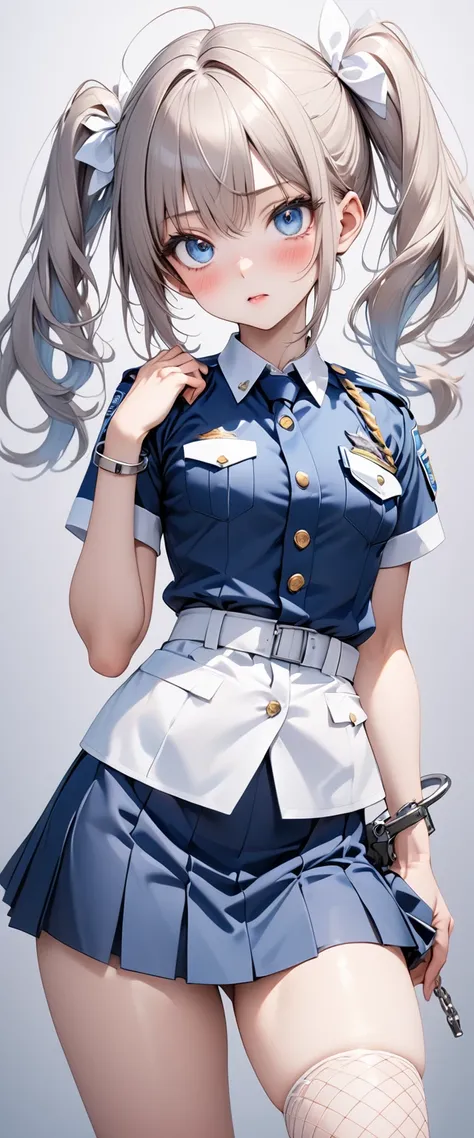 ((Girl with light blue twin tails)),(((Japanese female police uniform))),（mini skirt）、（Large mesh fishnet stockings）、（Hold the handcuffs in your right hand）、Anime face、masterpiece, Best Quality, Best Quality, 16k, Very detailed, 2.5D, AI-generated, Delicat...