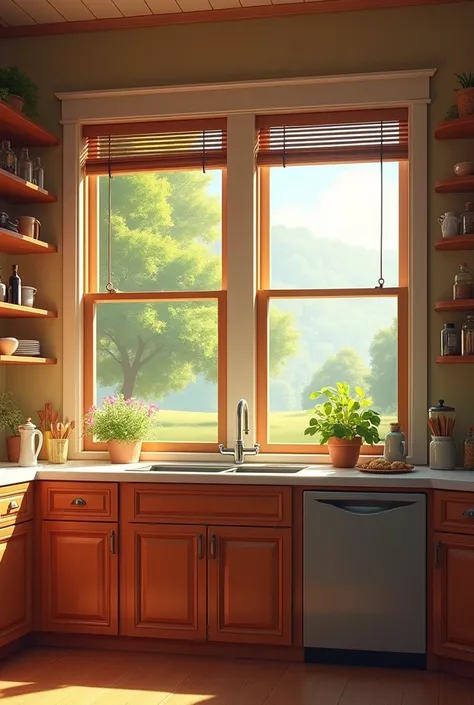 Two large windows in a kitchen with a kitchen cabinet 
