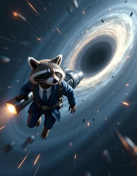 A large spaceship flies through beautiful space straight into a black hole. A tall, grey, aggressive raccoon in a blue suit and tie flies after them with a jetpack on his back..