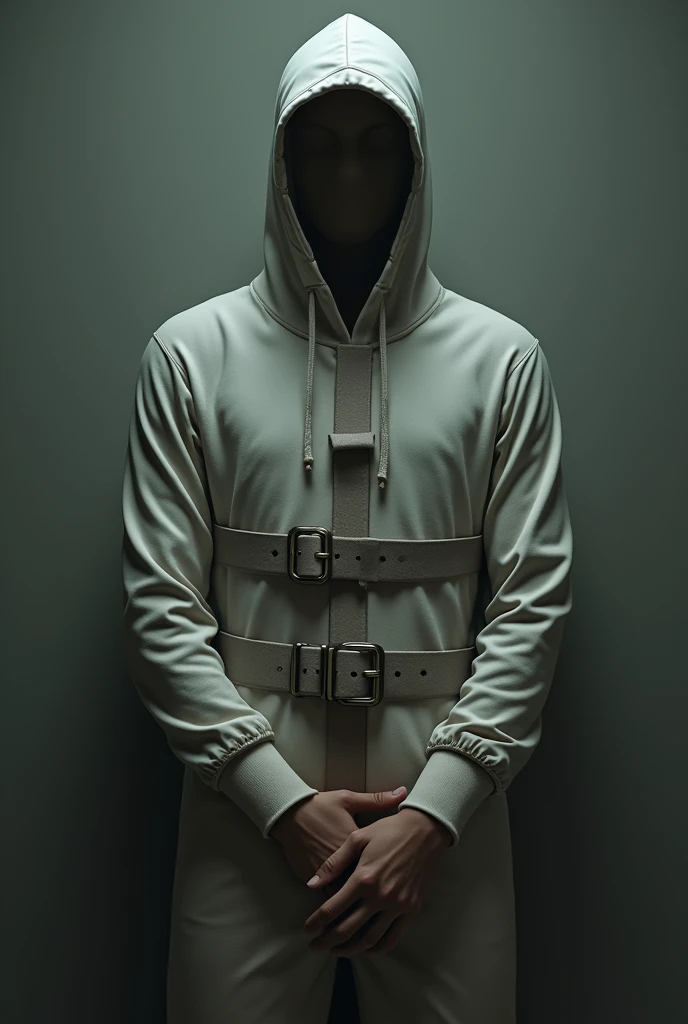 Create a portrait image of a straitjacket. There is no person in the straitjacket,or. there is no head to be seen. The arms are crossed and there is no one in the straitjacket. Almost an invisible person. The hands are also not visible. It must be clear, t...