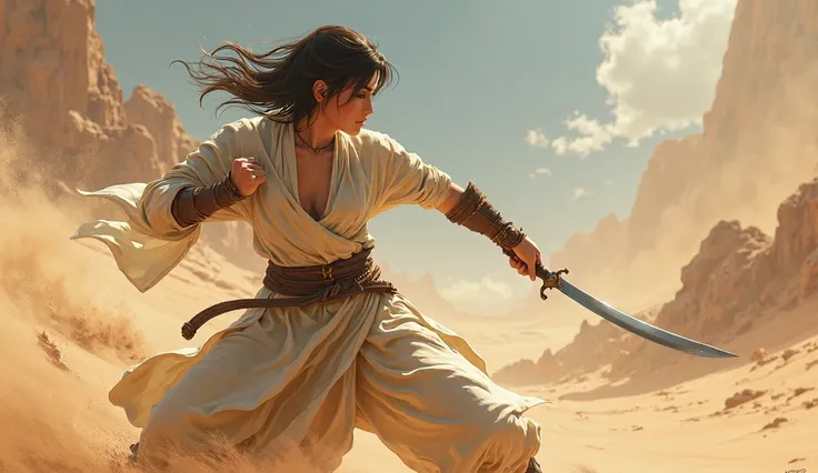 Fantasy art, 1female, desert, Render masterpiece of a fantasy landscape, D&D style, Fantasy desert, sandstorm, dunes, (European solo woman battle monk in minimalistic opened clothes), short haired, shorthaired brunette female D&D monk with kama, Minimalist...