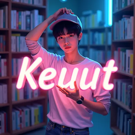 a handsome Korean man with short black hair wearing a cool snapback hat, white t-shirt with long sleeves, jeans, holding a purple and red glowing 3D text "Keju Donat" posing dynamically with bright colors. background of a room with various bookshelves neon...