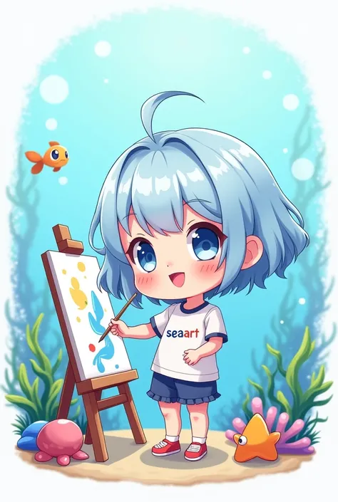 figure, anime, mascot, Standing, Girl painting on canvas, Chibi Character, Light blue hair, Short Hair, Curly Hair, ((SeaArt logo on clothing))、Cute light blue background with sea creatures
