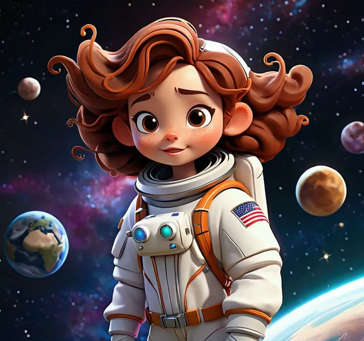  girl, happy face, shoulder length curly brown hair, brown eyes, dressed in white astronaut outfit, astronaut helmet, is floating in space, looking at the earth, the universe was starry and colorful, animation style 3D childrens