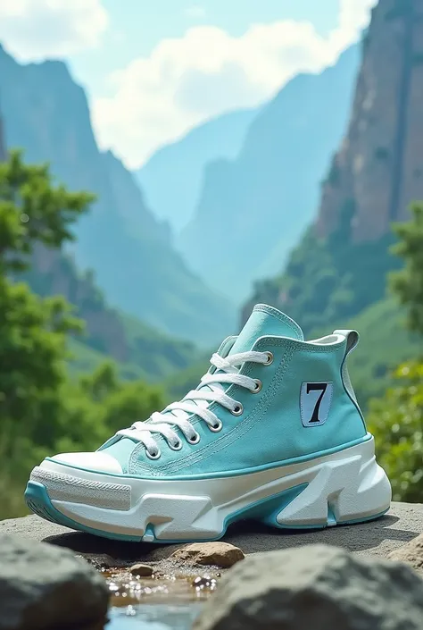 A sneaker inspired by Mount Zion with a huge platform in light blue, green and white. I want it to look like the Allstar, with fewer colors and with the number 7 on it. Just leave the color white and I want it to look like the Allstar.