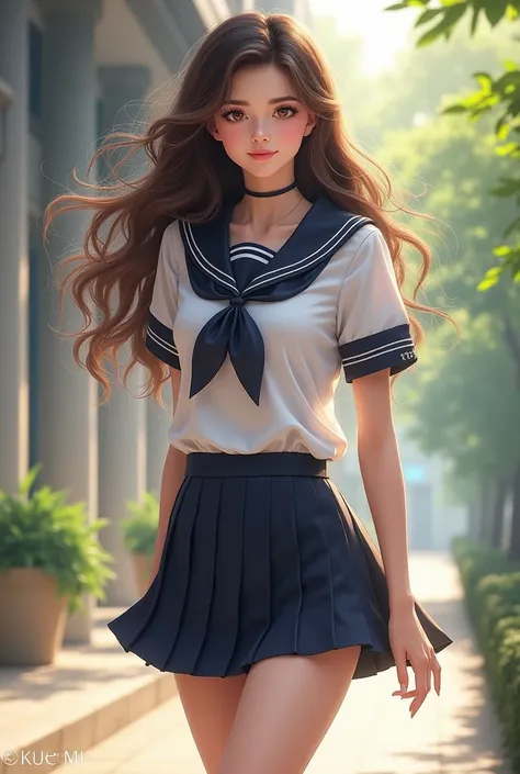 A beautiful woman in a short school uniform