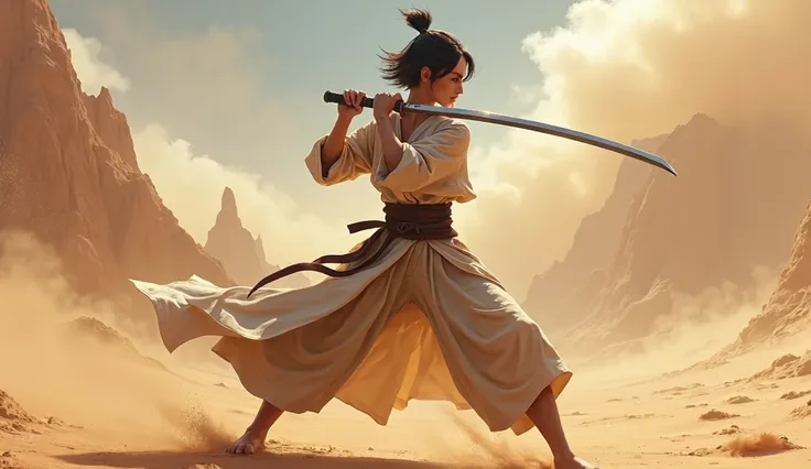 Fantasy art, 1female, desert, Render masterpiece of a fantasy landscape, D&D style, Fantasy desert, sandstorm, dunes, (European solo woman battle monk in minimalistic opened clothes), short haired, shorthaired brunette female D&D monk with kama, Minimalist...