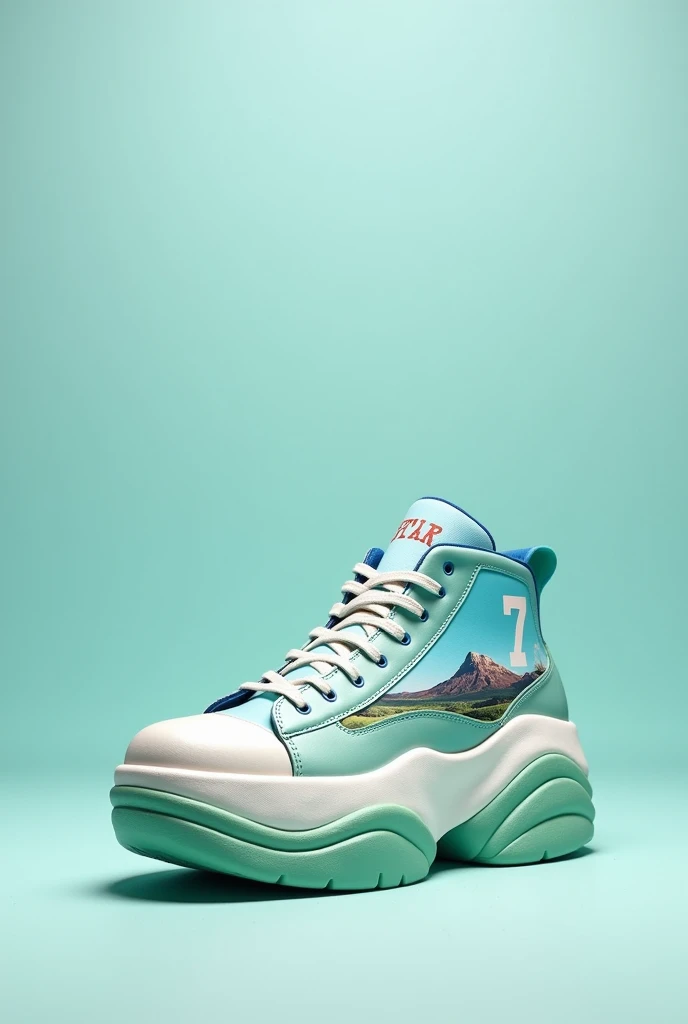 A sneaker inspired by Mount Zion with a huge platform in light blue, green and white. I want it to look like the Allstar, with fewer colors and with the number 7 on it. Just leave the color white and I want it to look like the Allstar, and put the image of...