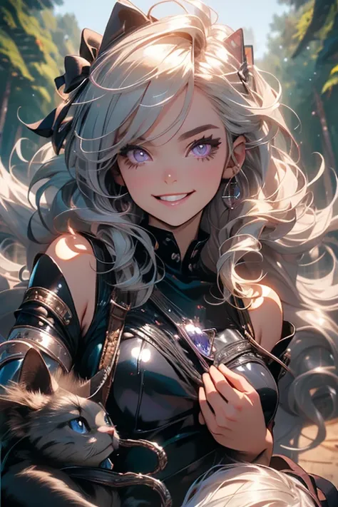 Perfect face. Perfect hands. A young silver haired woman with violet eyes and an hourglass figure with silver cat ears and a silver cat tail in a paw print covered dress is carrying a bunch with a big smile in a forest next to a beast.