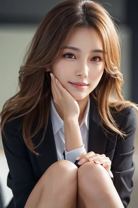 face close- up，highest quality, realistic, Super detailed, finely, High resolution, 8k wallpaper, 1 beautiful woman,, light brown messy hair, wearing a business suit,wearing a slit skirt、 sharp focus, perfect dynamic composition, detailed and beautiful eye...