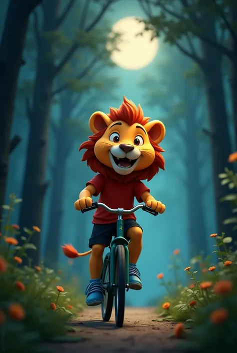 naughtly lion ("Nathkat Raja") is happily riding his bicycle through a dense forest at night. The forest has tall trees with dark shadows, and the moonlight is softly glowing on the path. The lion has a round face, large expressive eyes, wearing a red shir...