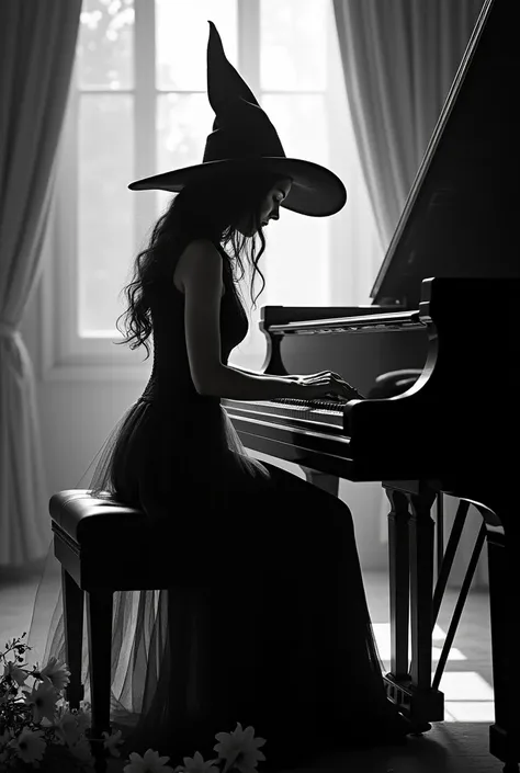 Black and white only。Back view of a cute witch playing the grand piano。Bouquet of lilies on the floor