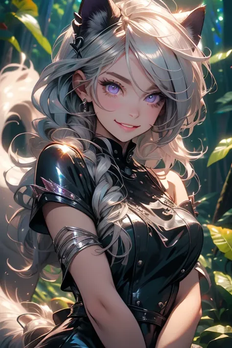 Perfect face. Perfect hands. A young silver haired woman with violet eyes and an hourglass figure with silver cat ears and a silver cat tail in a paw print covered dress is carrying a bunch with a big smile in a forest next to a beast.