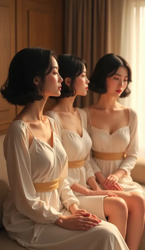 (The best, Japanese women, 4, short black hair, (Relaxed posture), Luxury city hotel room, (comfortable lighting))
