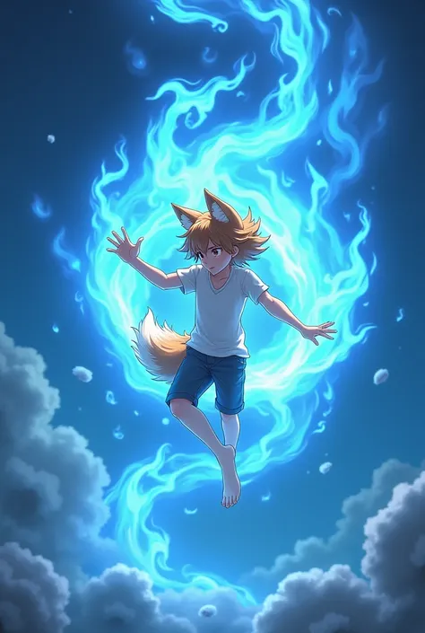 Half fox anime boy floating with blue flame power brown hair full body