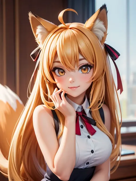 ((Highest quality, 32K)), ((masterpiece)), (Familiar), Perfect Face, Fox Girl, pretty girl, Company Office, Has a tail, She has a fox&#39;s tail, She stands up her fluffy tail, Beautiful hip line, Thick thighs, Fur collar, A large tail sticks out, On all f...