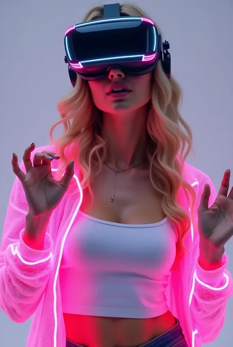 best qualityer, 8k. 
Beautiful young woman, wavy blonde hair.
Uses a large headset with pink LED light.
She wears a white tank top and a neon pink holographic jacket..
He looks directly at the camera with a confident expression and makes gestures with his ...