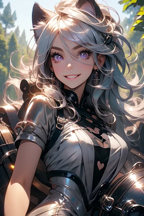 Perfect face. Perfect hands. A young silver haired woman with violet eyes and an hourglass figure with silver cat ears and a silver cat tail in a paw print covered dress is carrying a bunch with a big smile in a forest next to a beast.