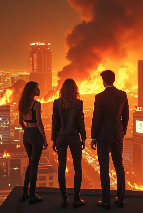 A burning Las Vegas with three cool people standing on a building