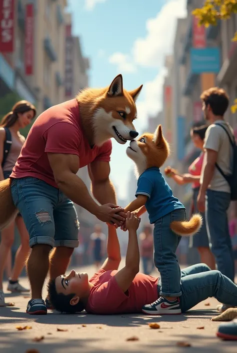 Kasrati body wolf is wearing red t-shirt and blue jeans lying on the ground in city around the people are standing, musculer brown cat into blue t shirt blue jeans with woman she into pink dress holding flower 
