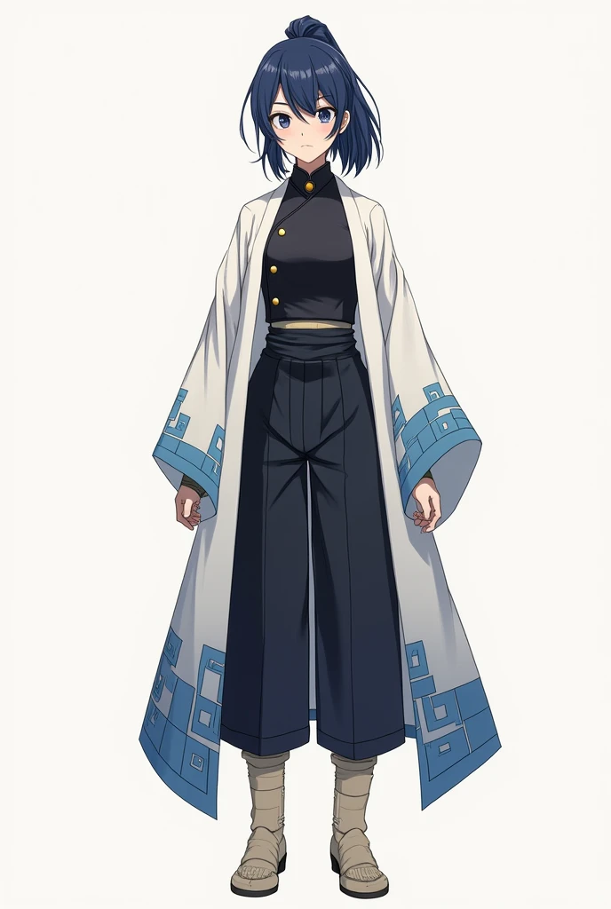 she has slightly long dark blue hair tied to a thin ponytail on the back of her head, she also has unruly bangs that which are thinning and slightly puffing out in in the middle of her face. She also has a slightly thick strand of hair layered on one side ...