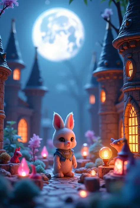 1 female, (furry, kemono:1.2), rabbit, Miniature fantasy world with a woman, including magical items like glowing crystals, enchanted books, and tiny mythical creatures like fairies and dragons. The scene is set under a starry night sky, with a large, lumi...