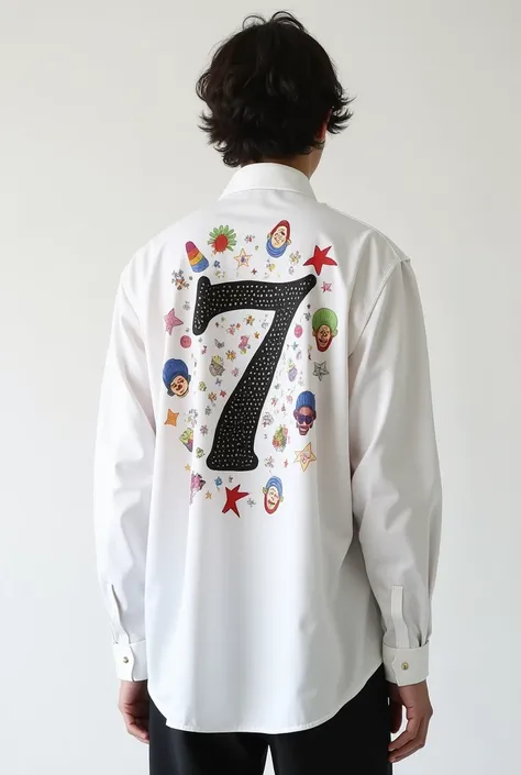 Create a white oversized blouse with a clown print on the back and the number 7 and the blouse is from the men&#39;s brand theseven in white  