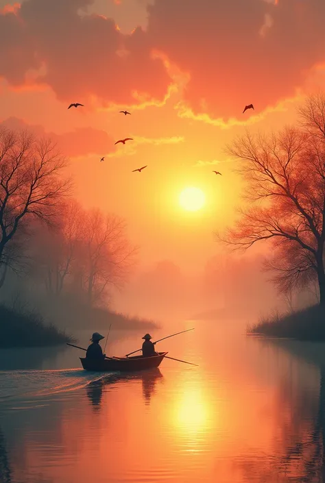 The sunset fills the sky, and  birds fly,
The river connects to the sky in the distance, and the fishermen are on the boat,
Magnificent scenery, bleak autumn, beautiful artistic conception
Vision, Chinese style, 8K,