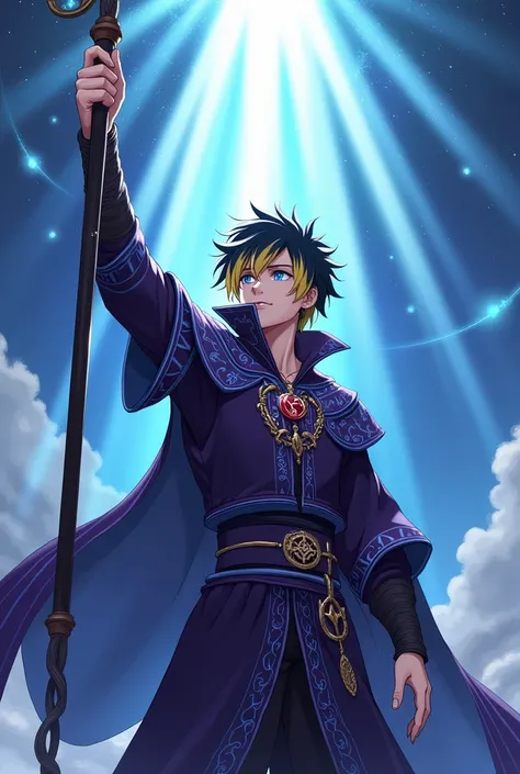 Anime style design of a young man, with short black and yellow hair, with his wizard hat, with the power to manipulate magic and sorcery, who wears a black sorcerer outfit with mostly dark purple, with details of blue and light blue runes, with an extra de...