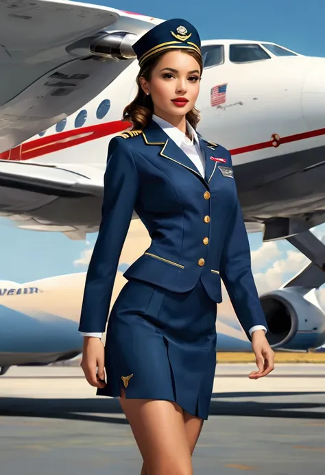 a beautiful young diabolic girl in a sexy tight mini skirt, wearing a sexy stewardess uniform, standing in an airplane, flirting...