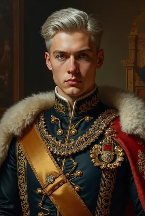 give me a portrait of a silverhaired young (30year old) emperor of sweden