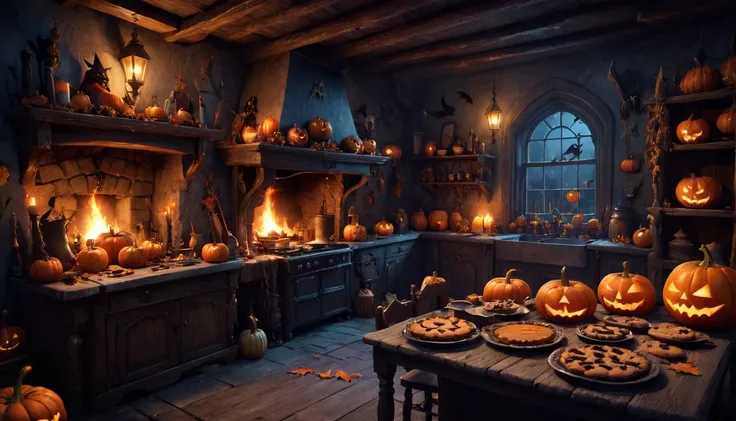 inside a creepy eerie witches mansion at night time 3d A rustic, old-world witch house room a cozy, night time dark outside, spooky, magical kitchen halloween autumnal delights. pumpkin pies, caramel apples, and bubbling cauldrons of spiced cider fill the ...