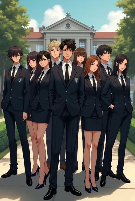 6 girls 5 boys wearing mafia uniform and the background is their school
 