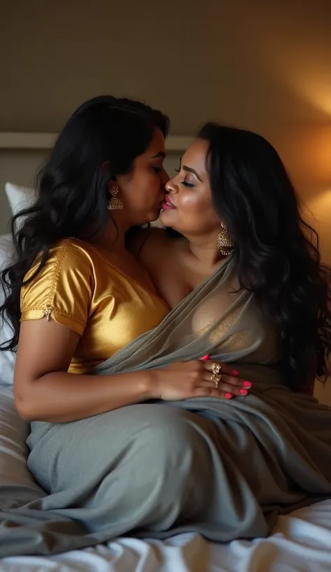 50 years old plus size indian woman, long balack hair, in deep neck golden silk blouse and transparent gray saree, showing her cleavage, kissing with 20 years old boy in bed room, boy kissing on her chest, and press her, full body image,moaning,