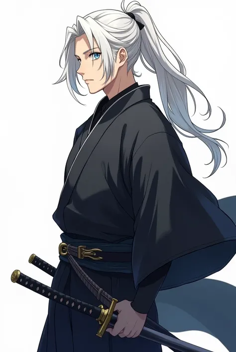 Anime male. White hair pony tail. Samurai. Black samurai dress. Blue and yellow eyes. 2 swords. White background. Ref sheet full picture.