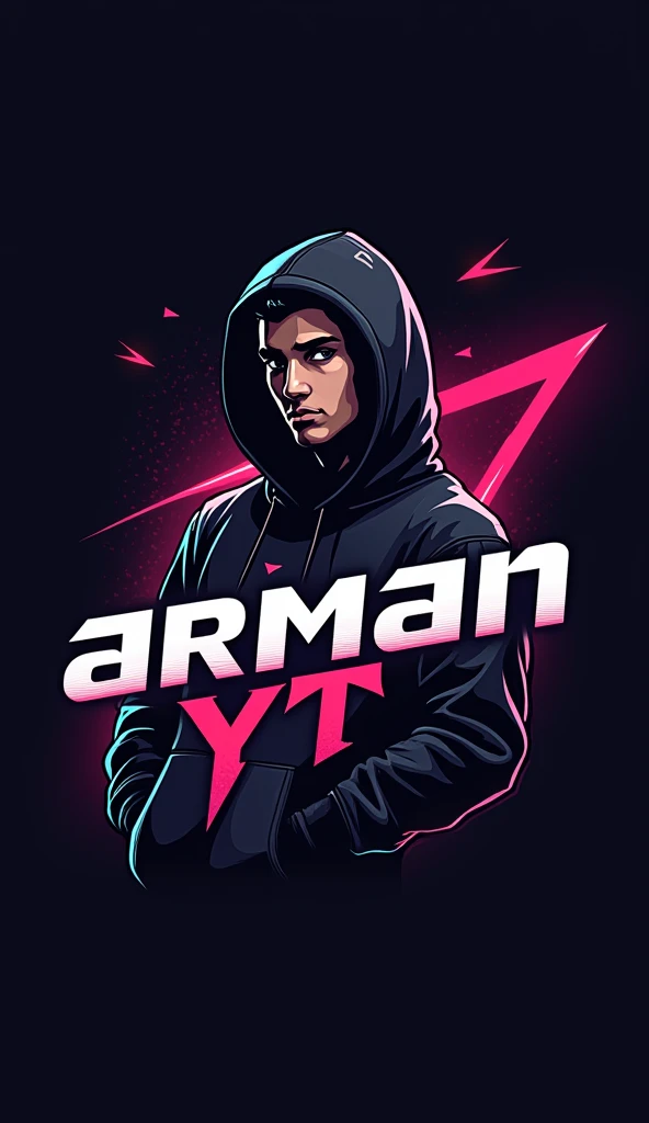 This is a gaming logo that features the name "ARMAN YT" in a futuristic front and neon black and white color and a boy with genzy hoddie. The logo is designed to be attractive and eye catching, and to appeal to gaming enthusiasts