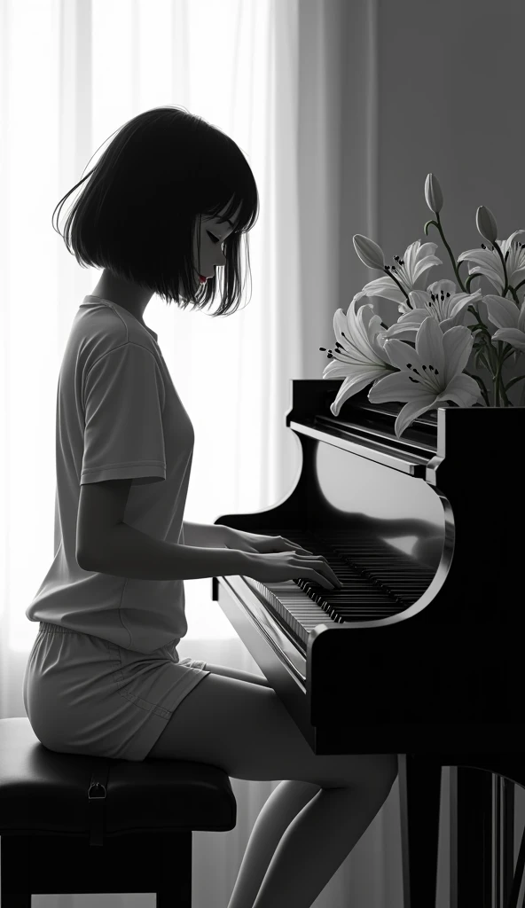 Black and white only。７A girl about 20 years old playing the grand piano。I can&#39;t see your face。Hair styled in a shoulder-length bob。The outfit is a casual one-piece。A bouquet of lilies on the piano