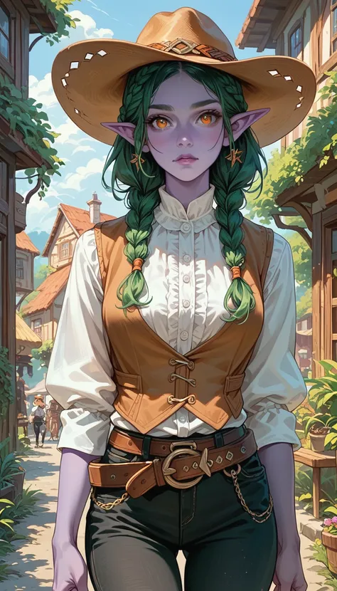 score_9, score_8_up, score_7_up, score_6_up, 1woman, ((purple skin)), green hair, french braids, elf ears, orange eyes, cowboy hat, white blouse, brown vest, black pants, belt, small town

