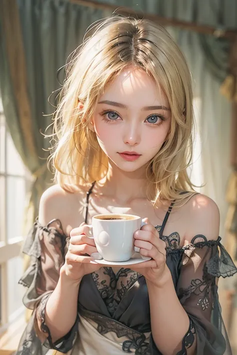 masterpiece: 1.2, Portraiture, Highest quality), Realistic, (Live Action, Intricate details, Written boundary depth), Highest quality, masterpiece, Attention to detail, semi-Realistic, 朝にDrink coffee , shy, 2, Short blonde, blue eyes, blonde、 Slim figure、S...