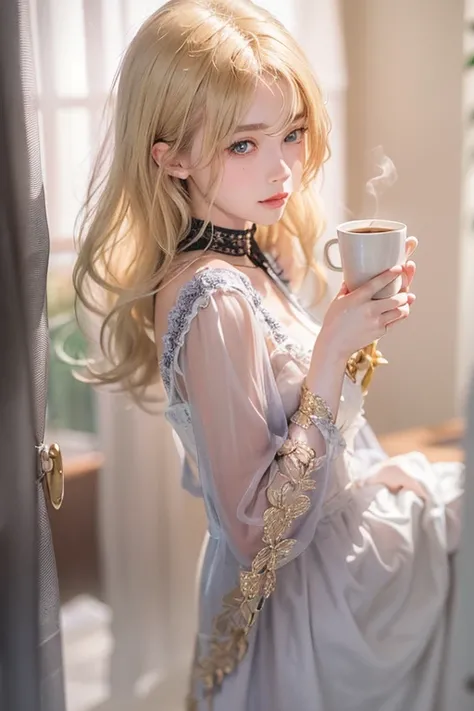 masterpiece: 1.2, Portraiture, Highest quality), Realistic, (Live Action, Intricate details, Written boundary depth), Highest quality, masterpiece, Attention to detail, semi-Realistic, 朝にDrink coffee , shy, 2, Short blonde, blue eyes, blonde、 Slim figure、S...