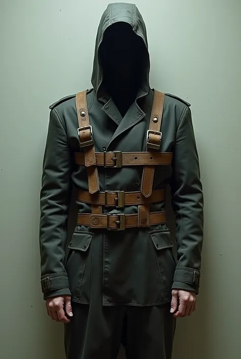 Create a straitjacket. The person inside is invisible and cannot move. The arms are tied 