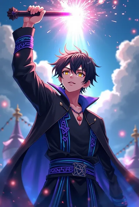 Anime style design of a young man, with short black and yellow hair, with shining amber eyes and his wizard cap, with the power to manipulate magic and sorcery, who wears a black sorcerer outfit with mostly dark purple, with details of blue and light blue ...