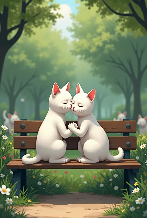 On a park bench, two human -body white cats are sitting. They are basically trembling. They have to hold each others hands. The scene of the park is beautiful. Different human -bodied cats are roaming around the park.