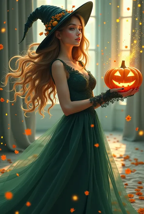 masterpiece, best quality, (extremely detailed CG unity 8k wallpaper), (best quality), (best illustration), (best shadow), A beautiful 24 years young woman with wearing a. Black halloween style dress witch she looks shinning, wearing a halloween hat, holdi...