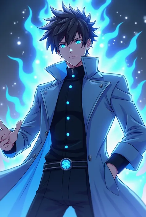 male anime character with sparkling blue eyes like sunlight, dark brown hair, emanating a blue aura, wearing a cool coat, full body photo, Written "dimensional guardian"