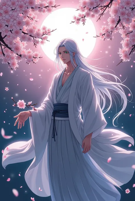 A guy with silver long hair, with green eyes in an open kimono, with a branch of white sakura, stands against the backdrop of pink sakura on a moonlit night